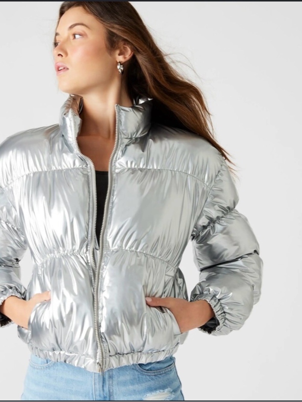 Steve Madden Metallic Silver Puffer Jacket - Women's Shiny Winter Coat